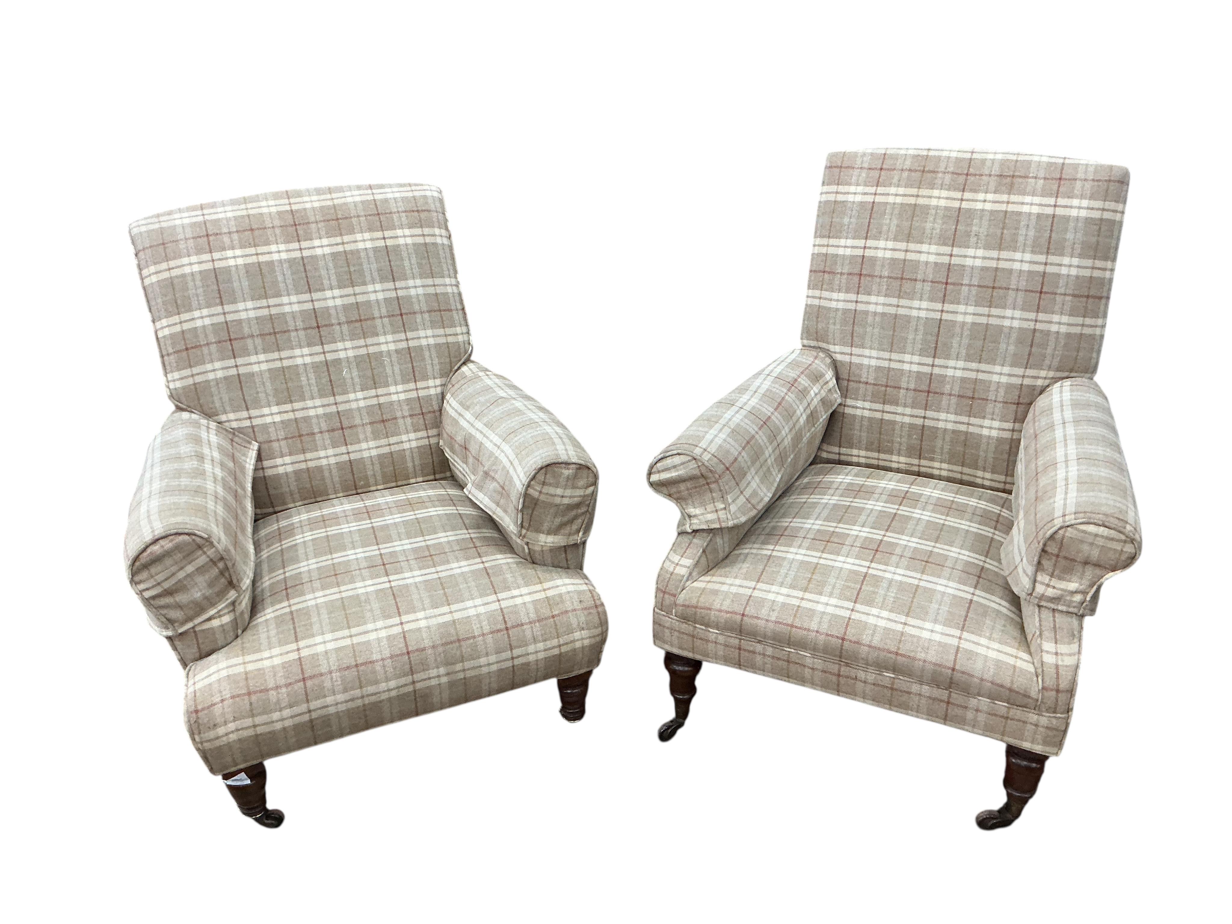 A near pair of Victorian armchairs upholstered in tartan wool fabric, width 76cm, depth 78cm, height 91cm